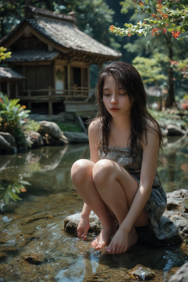 Here is the prompt:

A cinematic masterpiece showcasing a serene Japanese summer day. A single girl with long dark hair sits peacefully on the edge of a pond, dipping her feet in the clear water. Her calm expression is captured in photorealistic detail against a sunlit environment with lush green surroundings and intricate textures. The atmosphere is tranquil and peaceful, with natural lighting casting a soft glow. In the background, a traditional Japanese wooden house stands amidst a serene garden, complete with detailed water reflections. The focus is on the subject's highly detailed face, with shallow depth of field blurring the surrounding environment. A hint of atmospheric lighting adds depth to the scene, while the eye-catching spotlight highlights her features. Shot from 200mm with Canon R5 and 1.8 lens.