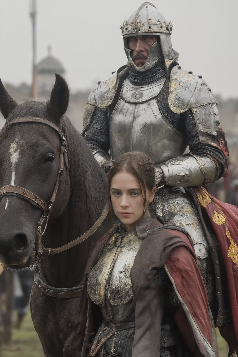 A warrior's tale unfolds: a 28-year-old maiden stands tall, her figure rendered in ultra-fine painting detail, as a medieval knight on horseback looms large behind her. The knight's silver armor glimmers under physically-based rendering lighting, adorned with gold accents and a crown on his helmet, which features silver studs. His right hand grasps a black sword, while the horse's dark gray mane flows behind it, secured by a brown belt around its neck. Blurred battle chaos ensues in the background.