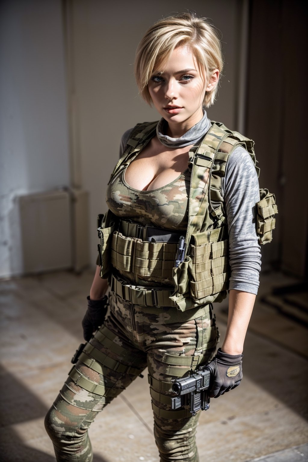 ((full body shot), ((masterpiece)),((bestquality)), 8k, highly detailed, ultra-detailed textuure, Atmospheric perspective, sharp focus, studio lighting, professional, bokeh, 1girl, 18yo, solo, looking at viewer, short hair, blonde hair, huge breasts, fingerless_glove, weapon, holding weapon, lips, gun, military, rifle, realistic, assault rifle, camouflage, load bearing vest,1