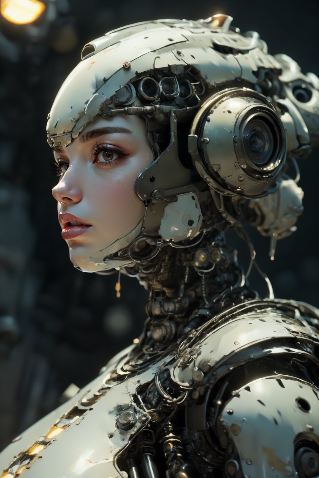 the clear lines look, full body shot, realism, film grain, candid camera, color graded film, eye spotlight, atmospheric lighting, skin pores, blemishes, nature, shallow depth of field, shallow depth of field draws focus to a steampunk mecha female pilot  in her camouflage mecha for driving, zwx woman,cyborg 