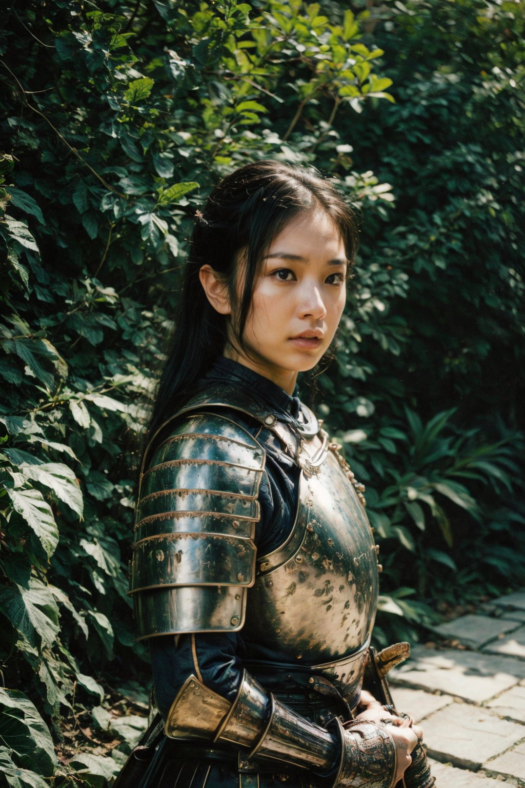 outdoors, daytime, full body shot, realism, film grain, candid camera, color graded film, eye spotlight, atmospheric lighting, skin pores, blemishes, nature, shallow depth of field, shallow depth of field draws focus to 1girl, weapon, female focus, ree sword, shoulder armor,  pauldrons, breastplate, japanese armor,