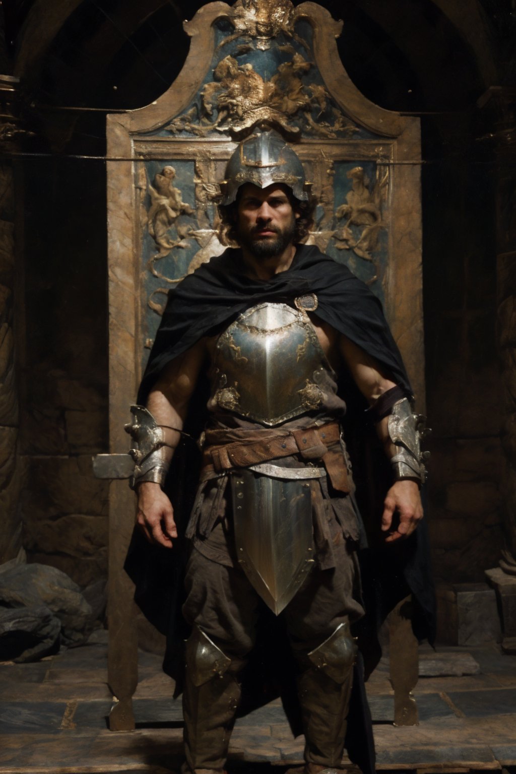 Full body shot, realism, film grain, candid camera, color graded film, eye spotlight, atmospheric lighting, skin pores, blemishes, nature, shallow depth of field, shallow depth of field draws focus to 1boy, solo, black hair, holding, standing, full body, weapon, male focus, sword, twitter username, cape, holding weapon, armor, muscular, facial hair, holding sword, abs, helmet, beard, shield, loincloth, holding shield,renaissance