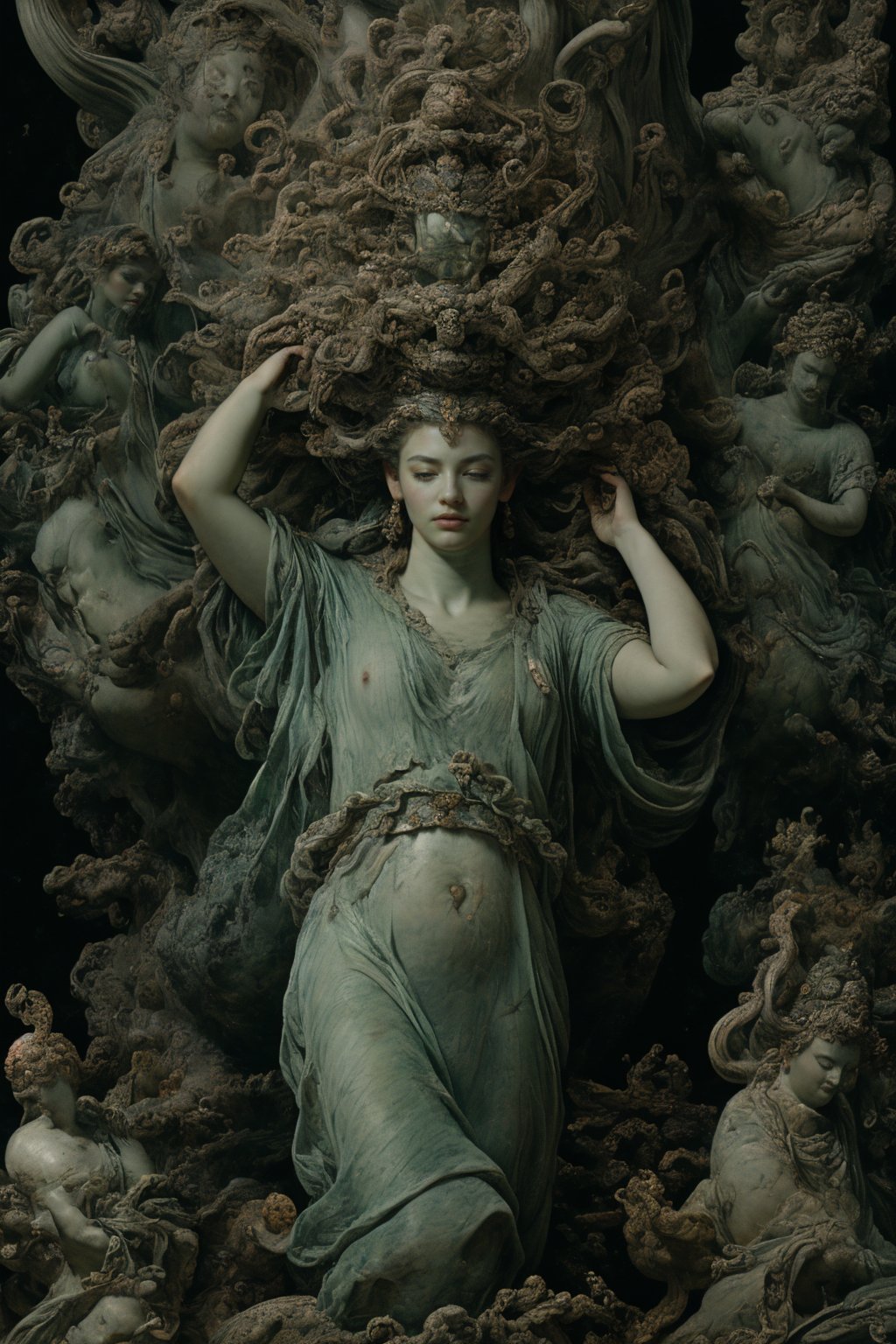 Perseus holding up Medusa's head in front of the sea monster, causing it to instantly turn into a crumbling green stone statue.
,cf,renaissance,Fantasy,FFIXBG