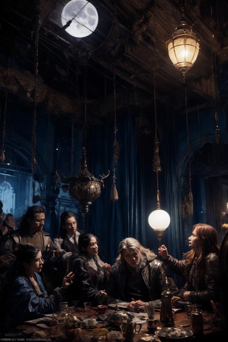 Each hand has 5 fingers,  A close-up shot of gently holding a futuristic device. The lighting is dimly lit, with a hint of blue undertones, evoking a sense of otherworldliness. In the background, a stunning Rebel Moon poster hangs, featuring an ensemble cast, including Sofia Boutella, Charlie Hunnam, and more.