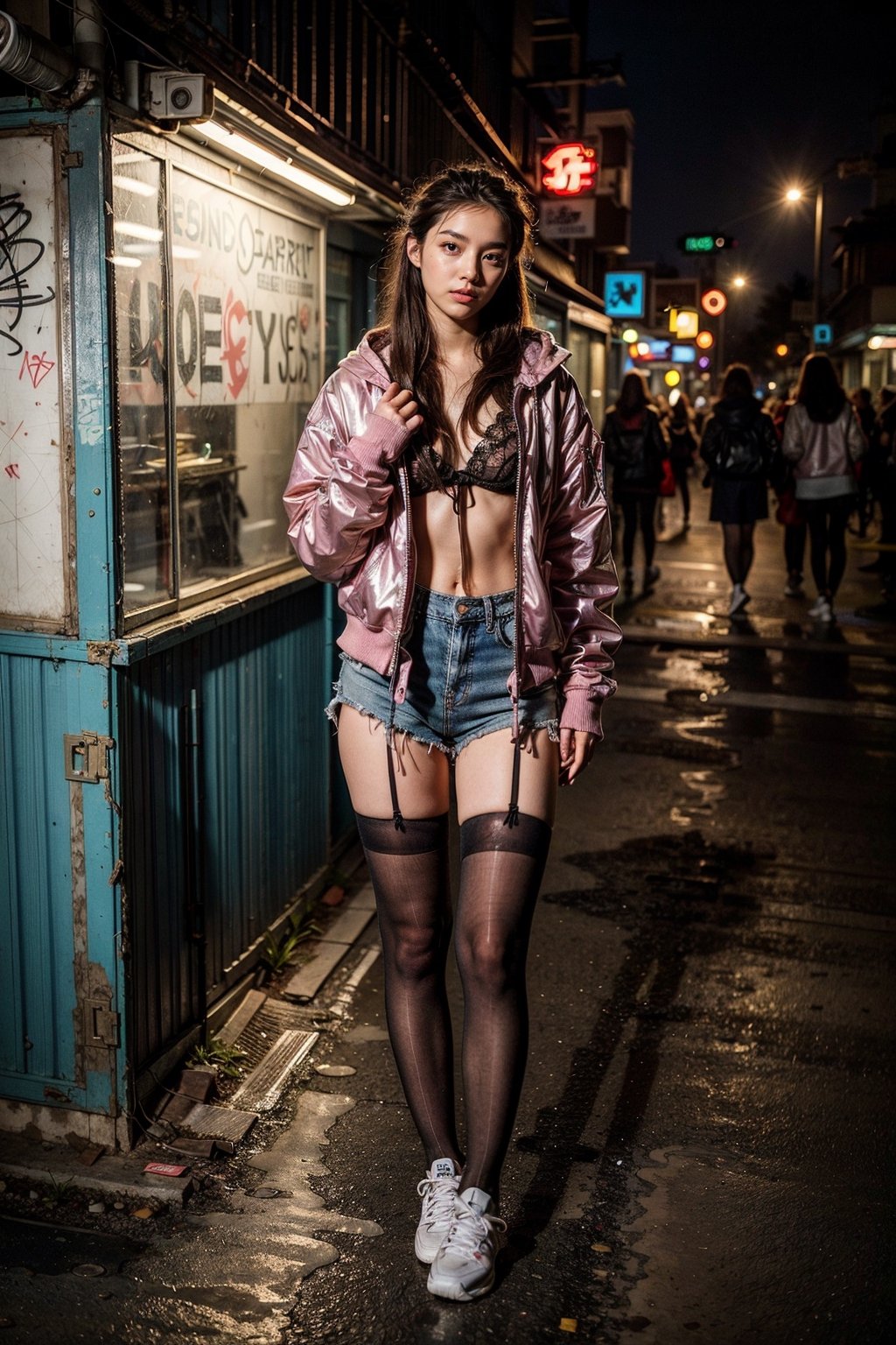 vivid  colors, full body shot, masterpiece, best quality, masterpiece, best quality, sharp focus, professional, studio lighting, bokeh, 1 Korea girl, 18yo, pretty, smile, makeup, blush, large breast, cute posing, hoodie, sneakers, thighhighs, pink micro thong, cybercity, cyberpunk, street, graffiti on walls, neon lights, signs BREAK dark makeup, black eyes,  brown hair, fringe, bangs, BREAK boombox on ground, ultra-detailed texture, hyper-realistic, photo realistic, dynamic lighting, exaggerated, full of dynamic, geometric, particle, holo, motion lines, very detailed faces, 4k, in the dark, deep shadow, low key, insane details, perfect eyes, insane details, high details, insane details, high details, realistic, young beauty spirit,  