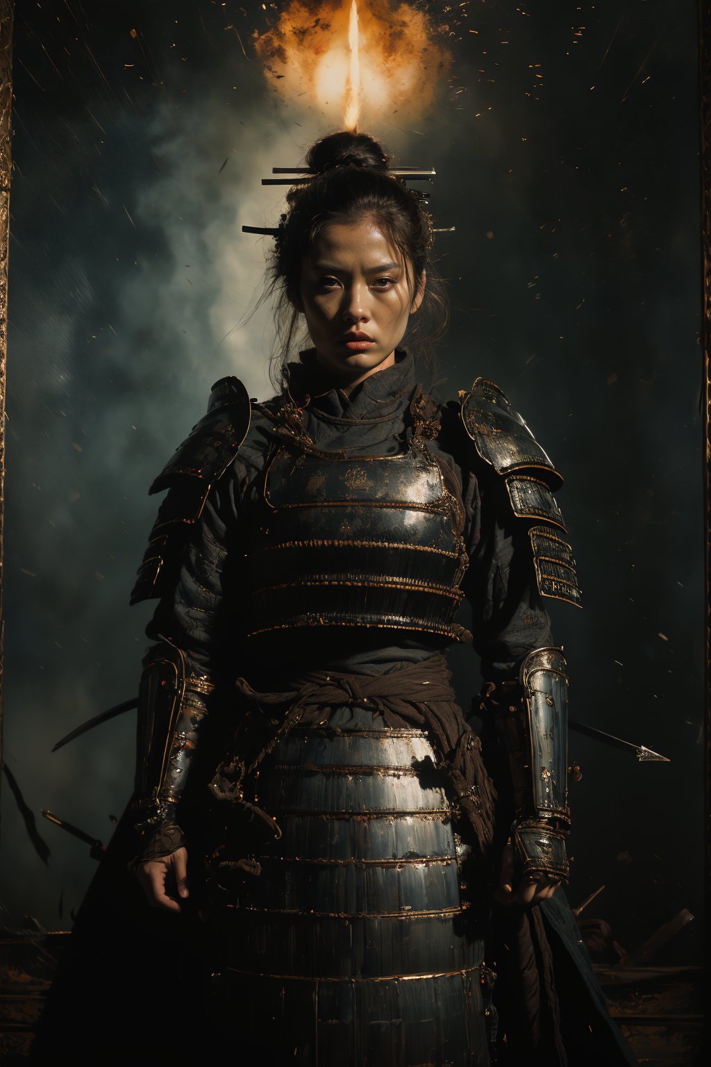 Solid renderings, portraits, ultra-fine paintings, extremely detailed descriptions, Akira Kurosawa's movie-style posters, and full-body shots of a 28-year-old girl embody the samurai spirit of Japan's Warring States Period, with the mysterious female samurai wearing armor and holding a bow. Female Archer, seemingly imbued with wordless power, this striking samurai painting depicts a ferocious and formidable female warrior in battle. Historically reimagined in style, cinematic montage, dark and explosive, 32k UHD, action-packed scenes, train core, intense action scenes, the images showcase the intensity of the female warrior's gaze and the intricate craftsmanship of the armor. The viewer is mesmerized by every intricate detail depicted, immersed in the extraordinary skill and artistry captured in this extraordinary work, Surrealism, Vincent van Gogh style, FW Murano style, GALAXY full body armor, black smoke column , 135mm, detailed key vision, dark atmospheric effects, highly realistic epic ultra-wide-angle lens,