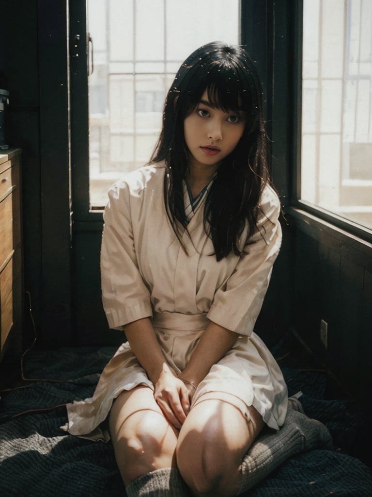 Realism, Film Grain, Candid Camera, Color Graded Film, Eye Spotlight, Atmospheric Lighting, Skin Pores, Blemishes, Nature, Shallow Depth of Field, Shallow depth of field draws focus to  beautiful Japanese woman in a cosplay Japanese high school uniform with long socks, shot on a Sony a7III by Richard Avedon, petite, emotive expressions, i can't believe how beautiful this is, hyper-realistic,