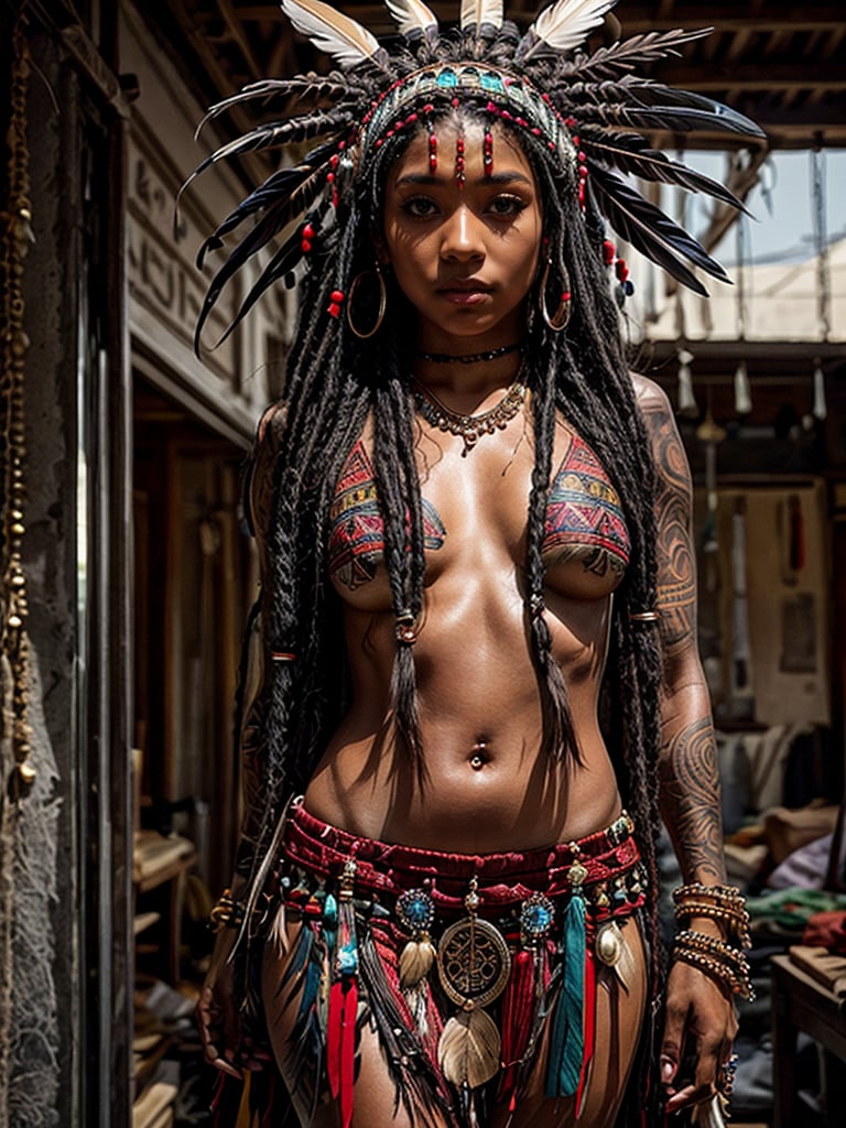 1girl, solo, long hair, looking at viewer, black hair, red eyes, jewelry, midriff, dark skin, bracelet, dark-skinned female, tattoo, makeup, feathers, beads, headdress, dreadlocks, tribal, native american