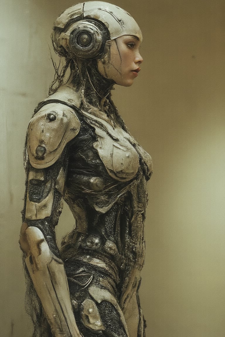 Bohemian spirit shines bright in this stunning full-body portrait of a young bohoai girl standing confidently at an oblique angle. Soft focus background fades into subtle gradient hues, while the subject's figure is sharply rendered with physically based lighting, highlighting intricate details on her avant-garde outfit. A futuristic robot-inspired mechanical structure adorns her back, resembling a battle-ready mech. Close-up shots reveal ultra-fine textures and armor components, as if crafted by skilled digital artists. The overall aesthetic echoes Kurosawa's iconic film posters, exuding an air of mystique and free-spirited individuality.