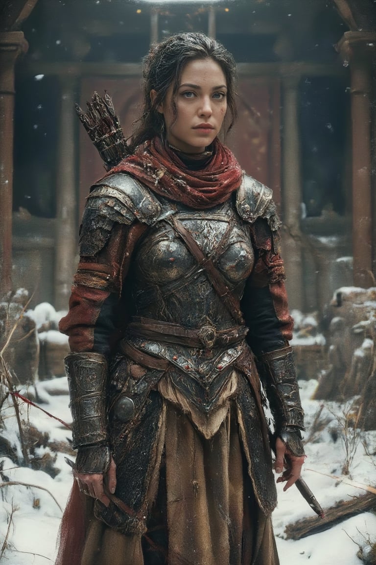 Full body shots, oblique angles, close-ups, physically based rendering, portraits, ultra-fine paintings, extremely detailed descriptions, Kurosawa's film-style posters use full body shots. a medium-angle shot of a woman dressed in a medieval-style armor, adorned with a red scarf around her neck. The woman's face is adorned with red paint, adding a pop of color to the scene. She stands in a battle yield, holding a bow and arrow in her hands. Snowing, with a rough texture, adding depth to the composition.