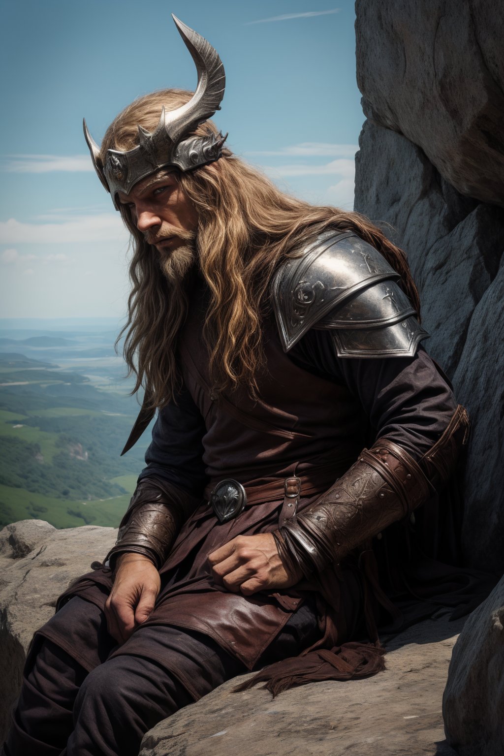 The medium shot shows a young Viking warrior, whose handsome face is particularly eye-catching. Long braids hang down from his back, his expression is resolute, and his face is painted with Viking black war paint, making him look even more majestic. Her dark blond hair was blown by the wind, and her hazel eyes seemed to contain a ferocious inner strength. The focus remained on his extremely lifelike face, his light blue eyes shining with a quiet light. He sits proudly on the rocks on the edge of a cliff, his Viking helmet a testament to his indomitable spirit, captured by Ms Schiffer's expert camera.