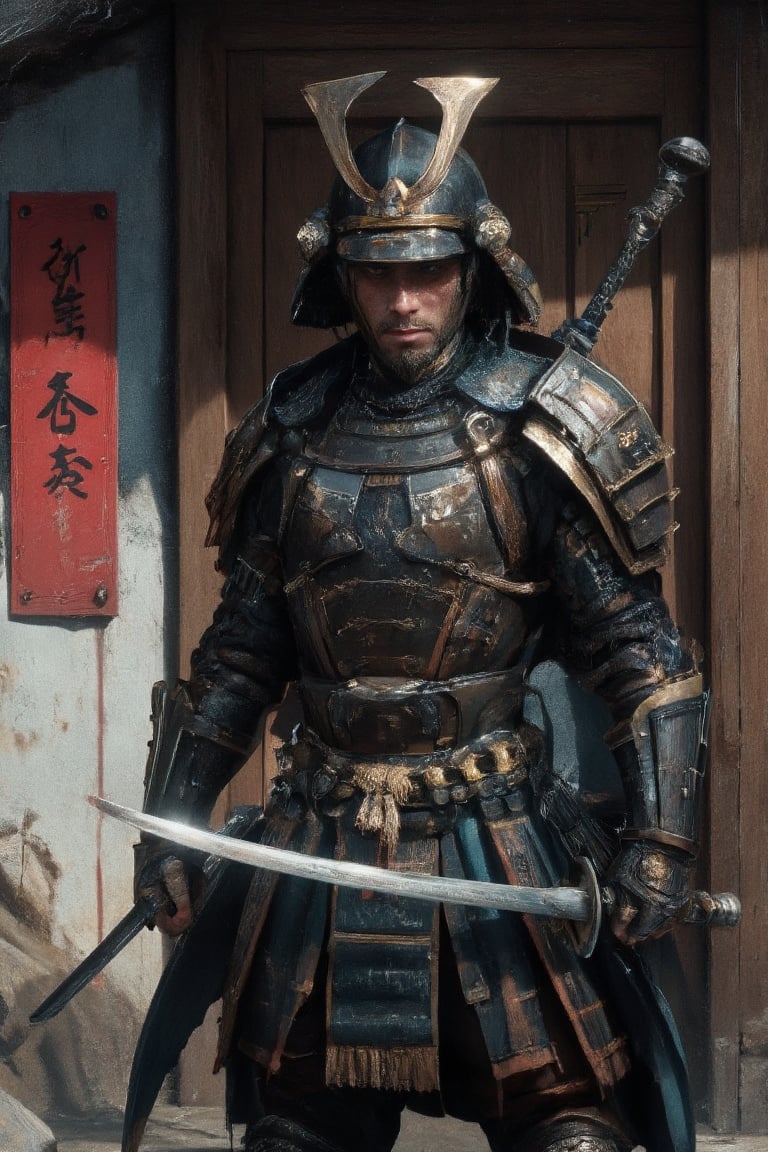 a close-up shot of a samurai warrior, adorned with a helmet and armor, stands in front of a wooden door. The warrior's armor is adorned with two swords, a sword, and a belt with a rope tied around it. The sword is held in the foreground, while the sword is in the center of the frame. The background is a mix of red, blue, and white paint, adding a pop of color to the scene. To the left of the image, there is a red sign with Chinese characters on it.