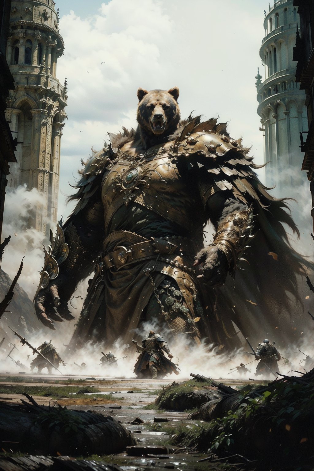 The image depicts a large, anthropomorphic bear-like creature at the forefront, walking amidst a group of human figures. The bear stands out due to its imposing size and the intricate details of its fur, which is rendered in shades of white and brown. Its facial expression is fierce, with sharp teeth visible, and it wears a red sash adorned with a green jewel around its waist. The human figures appear to be soldiers or warriors, dressed in medieval-style armor, suggesting a historical or fantasy setting. The background is a dilapidated stone archway, contributing to the overall atmosphere of a battle-weary or war-torn environment. The color palette is dominated by earth tones, with splashes of red from the bear's adornment and the soldiers' banners.