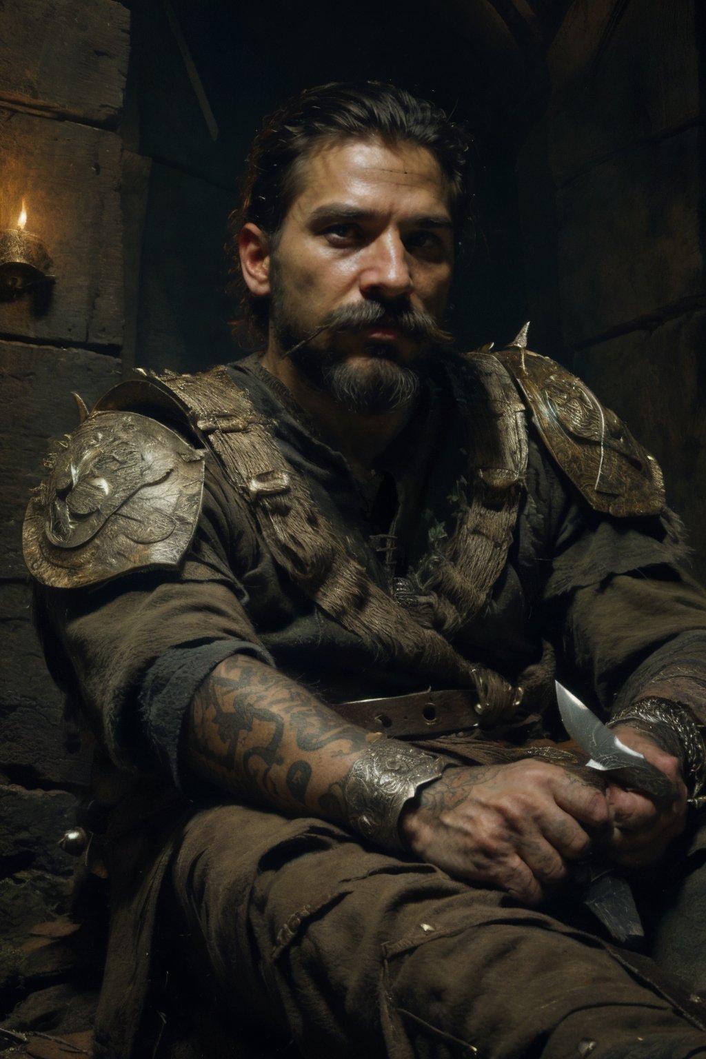 solo, 1boy, weapon, male focus, sword, armor, tattoo, facial hair, knife, beard, realistic, mustache, dagger