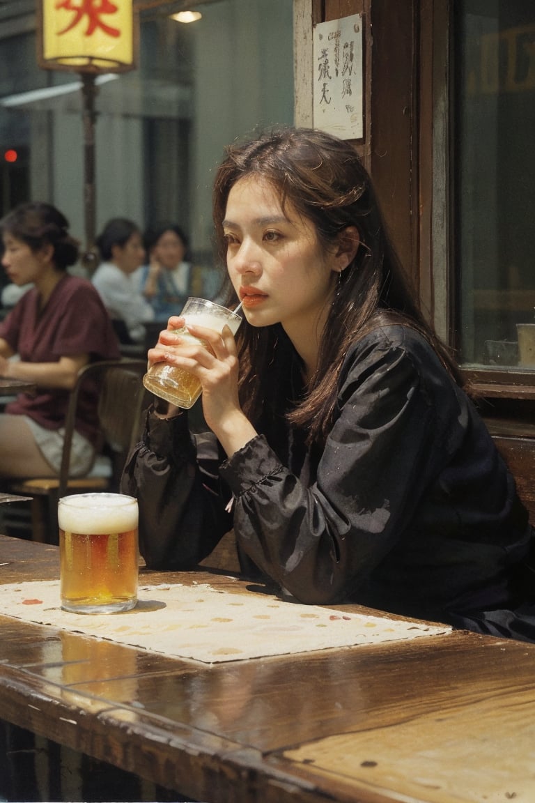 Pretty Japanese woman drinking beer at a road side cafe in Tokyo in the 1990s. Interesting composition and lighting. Narrative story telling. Melancholy mood. 35mm film street photography.,ChineseWatercolorPainting,nodf_lora, Canon EOS-1D, f/5. 6