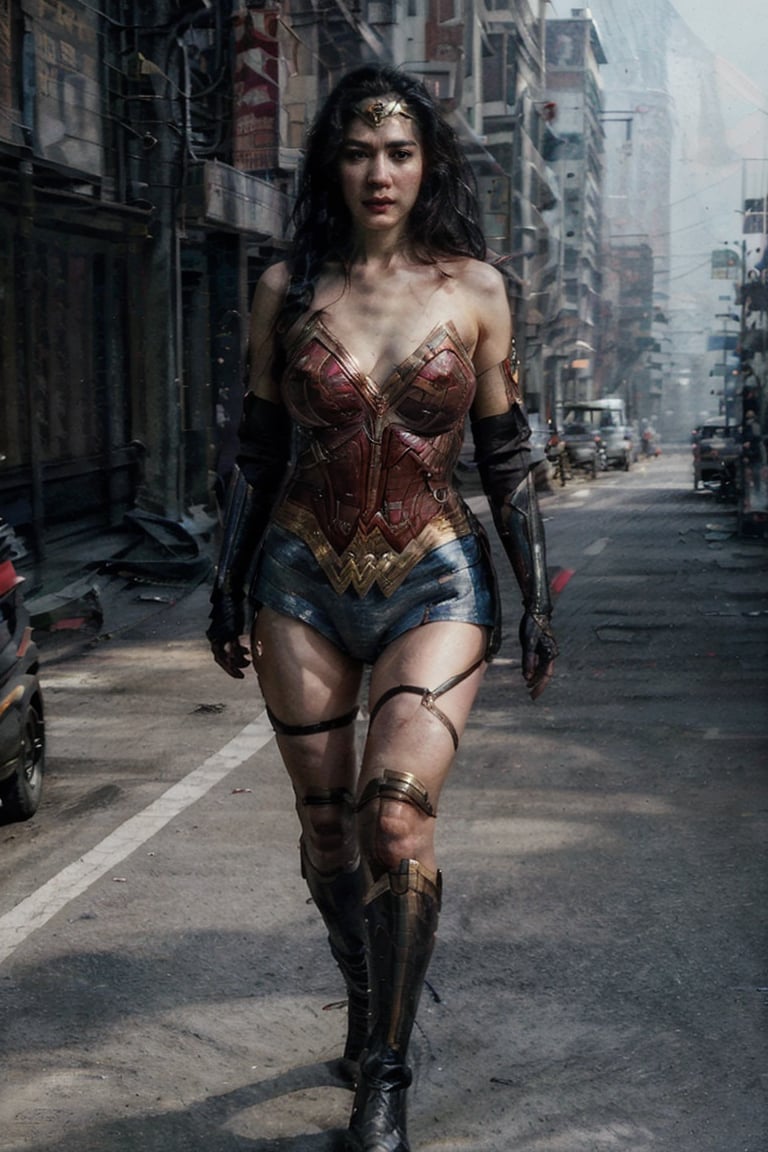 a masterpiece, wonderwoman from dc comic, coy and alluring, full body, make up, blush, perfect body proportions, athletic body shape, big breasts, freedom, soul, cyberpunk, perfect anatomy, centered,  approaching perfection, dynamic, highly detailed, concept art, smooth, sharp focus, unique, award winning, taiwan road, ,masterpiece