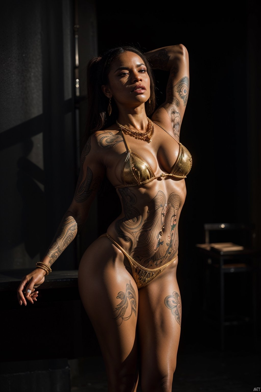 hyper realistic, ultra detailed photograph of a barbarian woman, full body shot, look like Thandy Newton as African American, golden jewelry, shiny, sunlight fractal details,depth of field,  detailed gorgeous face, apocalyptic environment, natural body posture, professional photographer, captured with professional DSLR camera, trending on Artstation, 64k, ultra detailed, ultra accurate detailed, bokeh lighting, surrealism, urban, ultra unreal engine, intricate, epic, freckles, peach fuzz, detailed mascara,dancing,tattoo
