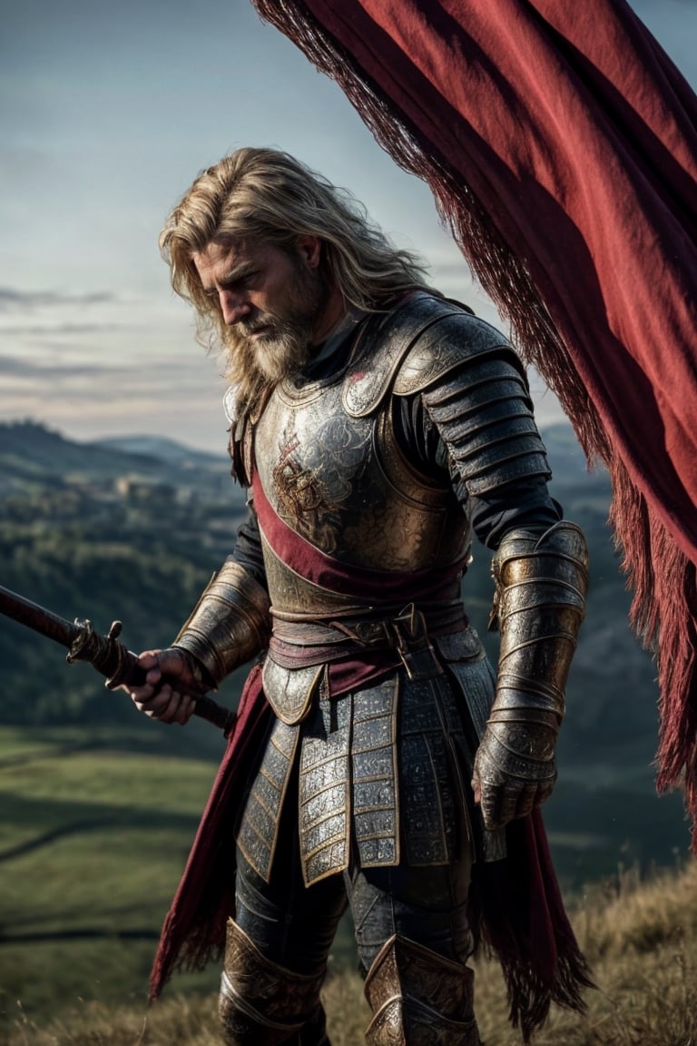 normal hands, This close-up captures the majestic scene, showing a heroic medieval warrior on horseback, wearing weathered armor decorated with intricate metal royal crests, his eyes full of Wisdom, holding the hilt of the sword tightly in his right hand, his blond hair was blowing in the wind, his handsome face is hard to ignore, with a kingly demeanor, and he is waiting for the enemy in a prepared manner on the early morning duel field. With the vast hills as the background, the flags and banners fluttering in the wind tell the expectations and honors on the battlefield, high-detailed textures, shallow depth of field, bright colors, ultra-realistic, RAW, 16K, masterpiece, ultra-high definition, full-body shooting, sharp focus, professional, bokeh, hyperreal, top theater lighting, dynamic shadows, hyperrealism, 