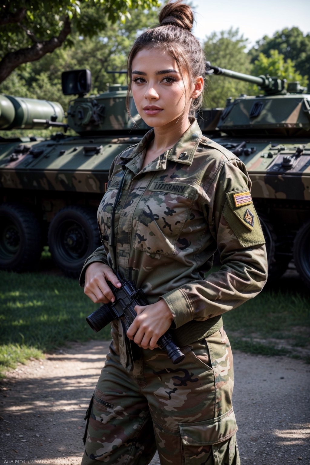 Shallow depth of field, vivid colors, photorealistic, RAW, 16K, Masterpiece, UHD, full body shot, sharp focus, professional, bokeh, French female army, messy bun, camo military fatigues, outdoor, barracks, loving gaze