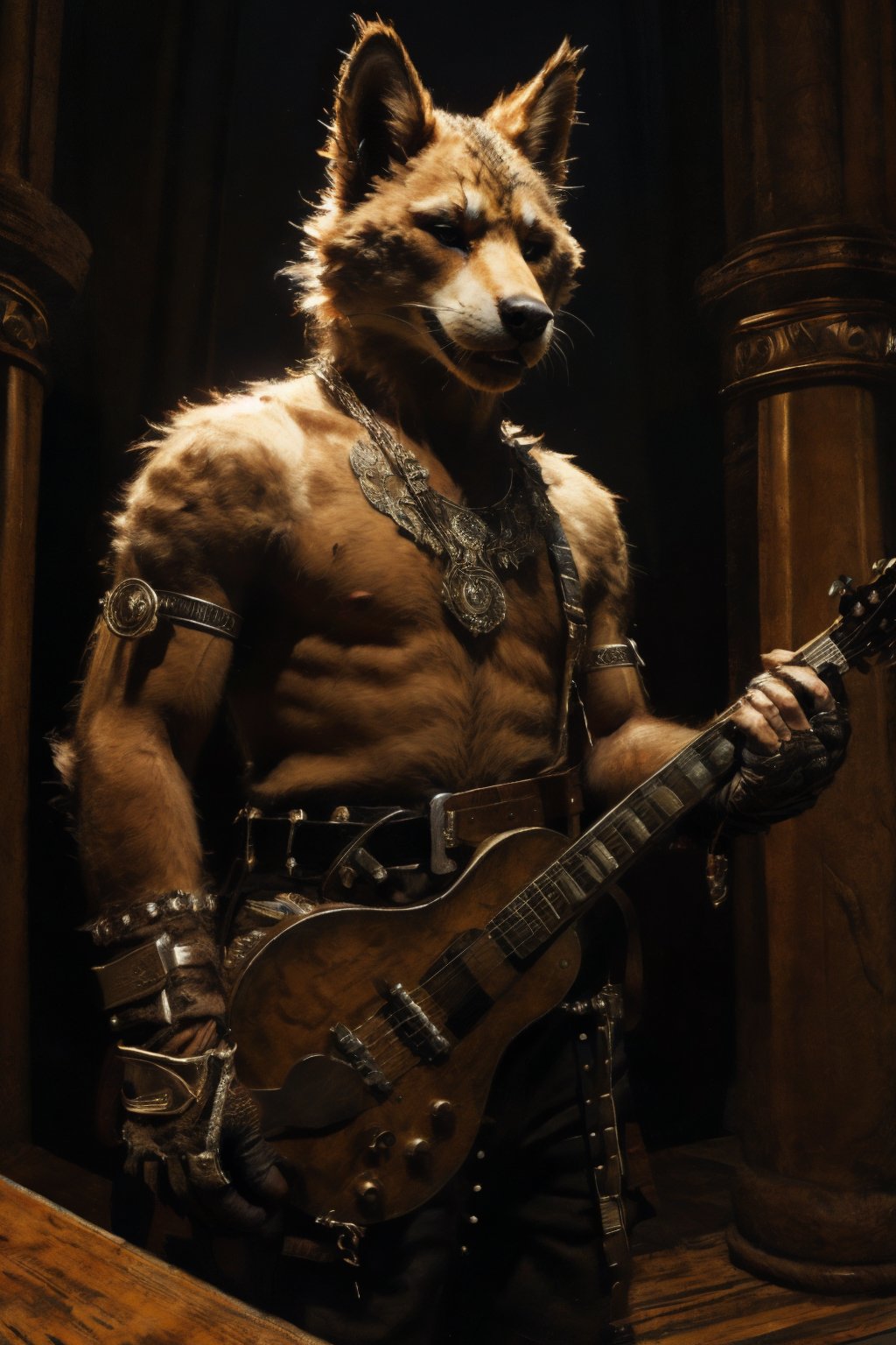 solo, gloves, 1boy, holding, jewelry, standing, male focus, earrings, belt, instrument, furry, music, guitar, furry male, playing instrument, holding instrument