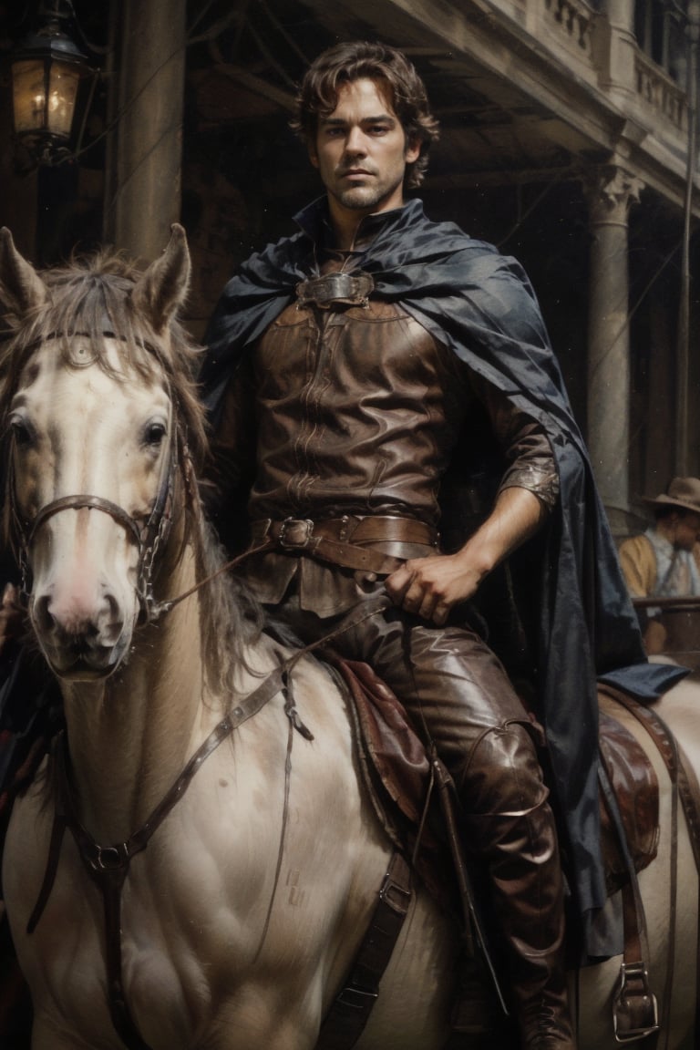 solo, brown hair, black hair, 1boy, male focus, boots, cape, facial hair, watermark, realistic, riding, horse, horseback riding, reins