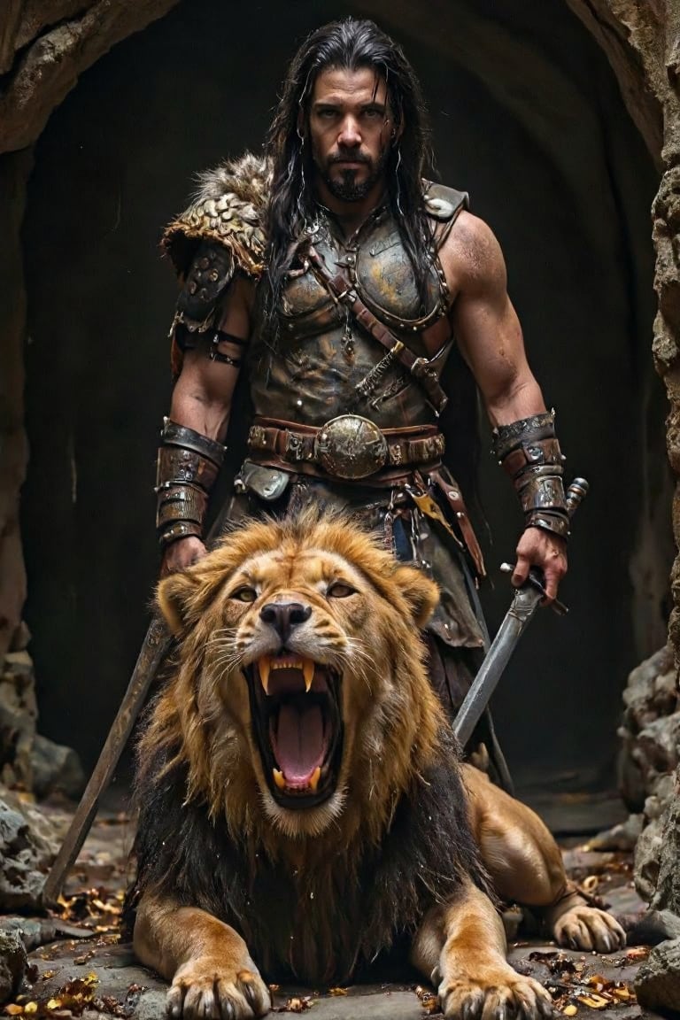 A majestic warrior stands victorious, his long black hair and beard flowing like the shadows within the ancient cave. He grasps a sword firmly in his right hand, its metallic sheen contrasting with the rough stone walls. Before him, a fearsome lion sprawls, its tawny-brown fur and razor-sharp teeth a testament to its ferocity. The man's bold stance is mirrored by the lion's open jaws, as if ready to pounce. The dimly lit cave provides a dramatic backdrop, highlighting the tension between the two powerful forces.