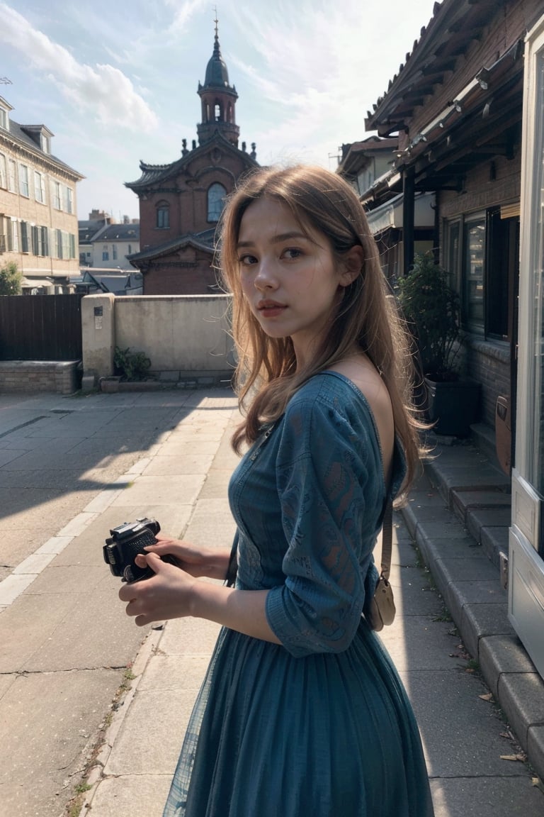 In a historic European cityscape, a regal woman in her 30s stands as the heart of the narrative, dressed in a light blue frock from the 20s. She carries an antique camera, symbolizing her love for capturing fleeting time. The scene is set against the desaturated hues of Old Town's tenement houses, architectural masterpieces that bear the marks of time. On an idyllic midday of rejuvenating spring, the golden sun frames the city's cracks, corners, and rooftops. The shot is captured from a low angle through a wide-angle lens of a Sony A1, dramatizing the height of the buildings and the majestic stature of the woman. A shallow depth of field, explored through an aperture of f/1.4, paints the historic patterns and decor in subtle blurs, emphasizing the intricate details of the architecture. The light is natural, with radiant beams bouncing off the chalky white surfaces of the buildings, creating a balanced chiaroscuro of the city's texture.,masterpiece,Historical Taiwanese Temple,konbini