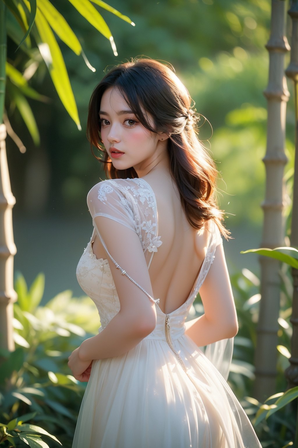 This photo, likely taken by a contemporary artist, shows a woman wearing an exquisite backless white tulle dress.  The composition is very balanced, with the woman positioned slightly off center.  She gazes back with a smile, bathed in the natural light filtering through the towering bamboo forest.  The background is a dense bamboo forest, creating a tranquil and mysterious atmosphere.  Sunlight passes through the leaves, casting dreamlike beams of light that highlight the quiet atmosphere and the texture of the plants.  The overall scene evokes a sense of calm and connection with nature.