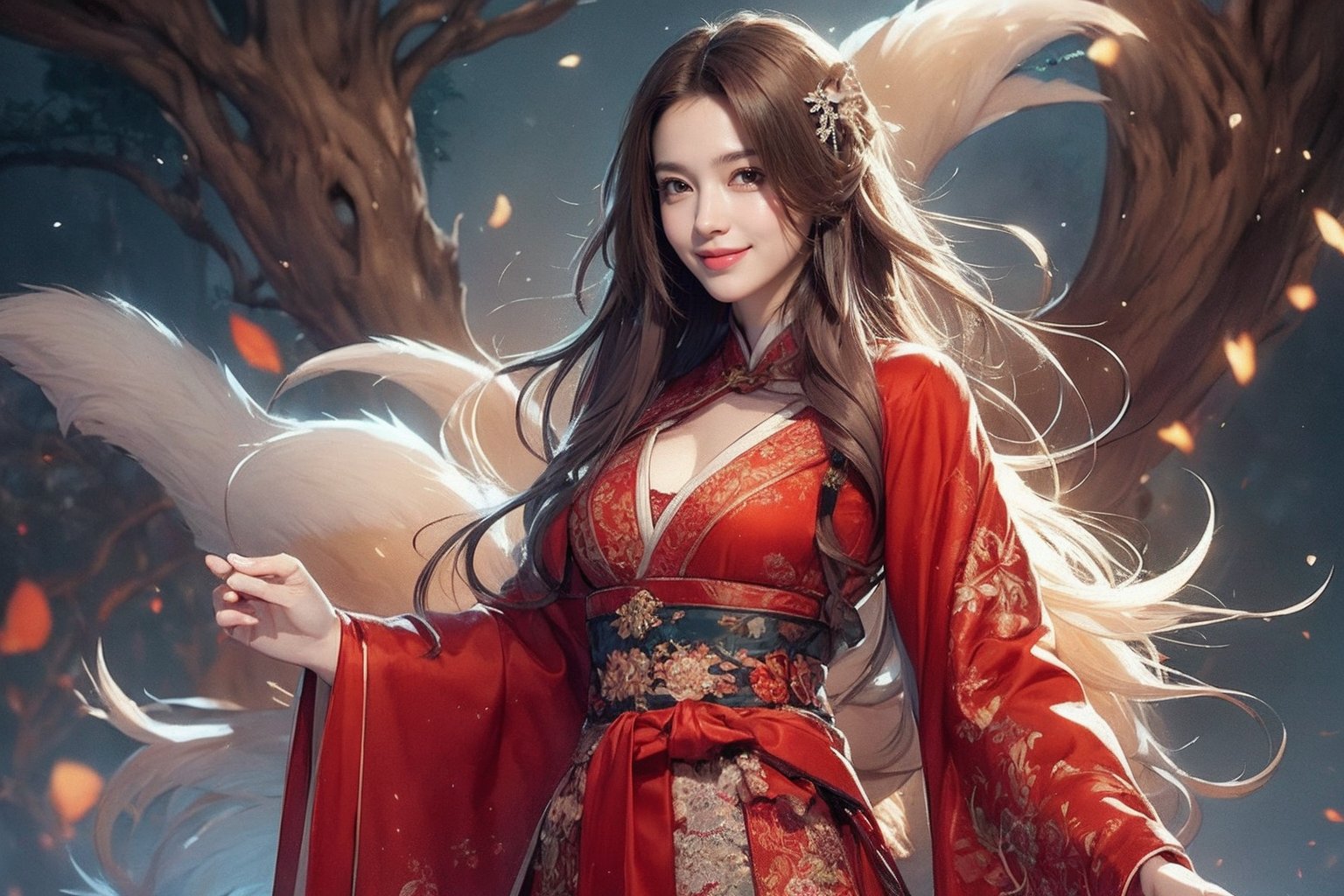 This is a beautiful piece of photographic art depicting the mythical nine-tailed fox (female) in human form. The young girl, 20 years old, has bright makeup and she has nine large, bushy brown tails. She wears traditional Chinese Hanfu, a bright red fabric with intricate patterns and elegant embroidery. Her clothes gave off an air of antiquity and majesty. The background should be a misty forest at night or a mysterious landscape to add a mythical atmosphere.