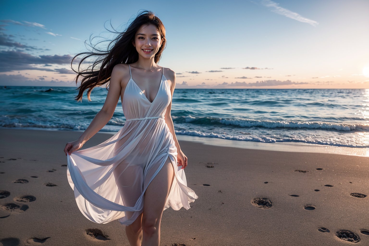 Panoramic photography. This is a carefully composed photo that focuses on natural beauty with modern elements, probably taken by a landscape or portrait photographer. The image captures a woman wearing a flowing white dress with a plunging low-cut, smiling as she walks on the beach at sunset. Fair skin. Wind turbines line the horizon and are reflected in the sea. Adds a modern touch to a tranquil scene. The beach reflects the soft purple-pink hues of the sky, enhancing the peaceful, almost dreamlike atmosphere. The background has smooth waves and sand, and the woman is placed on the right side of the frame, creating dynamic visual interest. With the vast landscape as the subject, the girl appears dwarfed by the proportions in the painting. The whole picture has a golden hue.