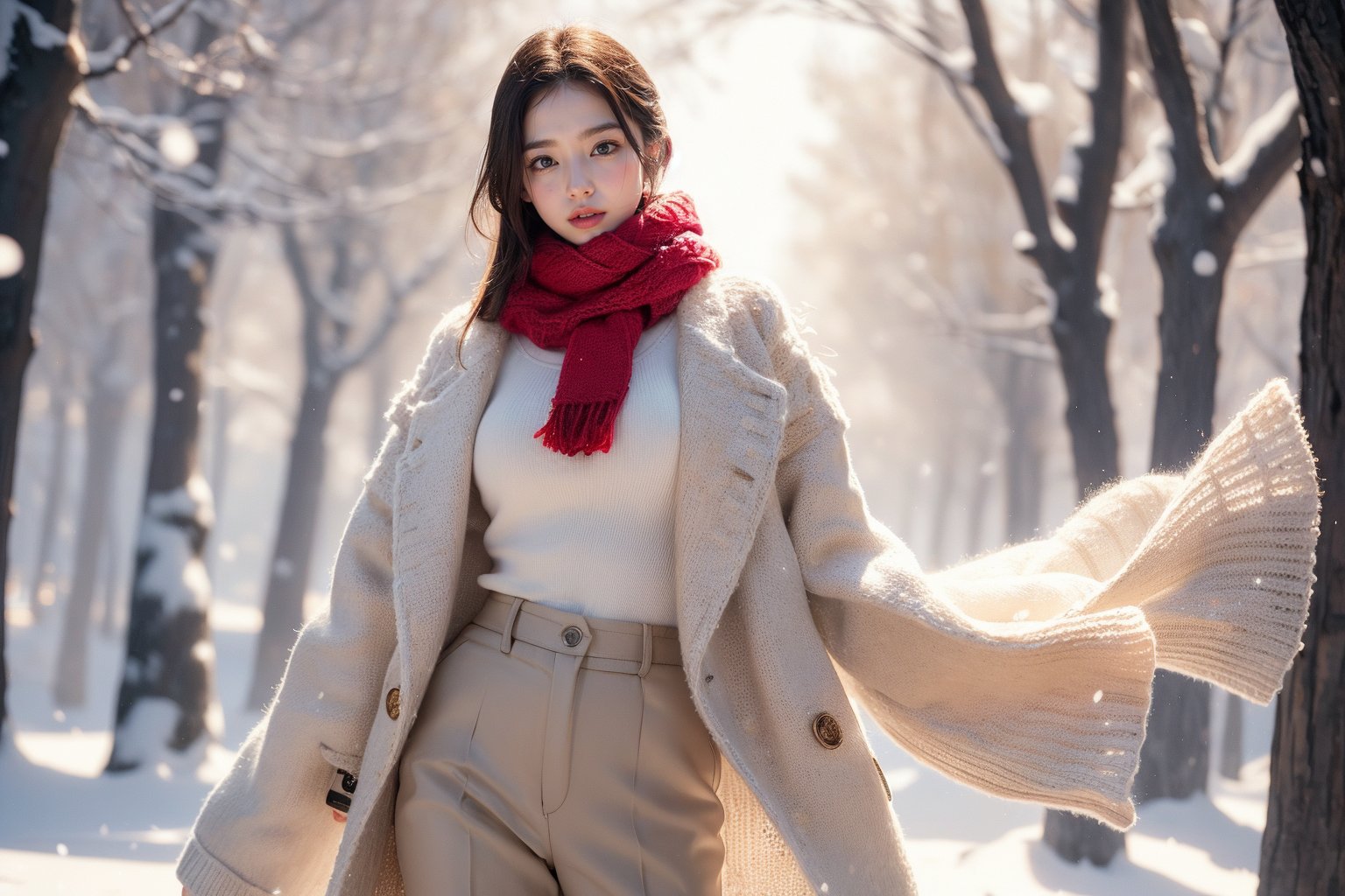 The image appears to be a digital photo, a panoramic view showing tall, slender trees in a vast snow-covered forest. In the snow. Their trunks form rhythmic patterns that add depth to the scene. 1 girl, noticeable but not dominant. (((She wears a white knitted sweater, beige coat with plush trim and a red scarf, fitted trousers))). White woolen gloves. Standing on the snow. Snowflakes fell gently around her, adding to the winter atmosphere. The overall atmosphere of the picture is tranquil and somewhat ethereal, with the focus being on the gentle expression of the protagonist and the tranquil winter scenery.