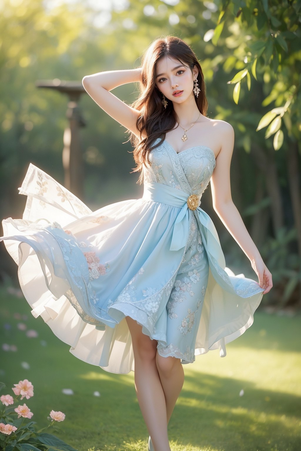 This image presents a contemporary minimalist photography style. The composition features a woman standing in front of a lush green garden filled with flowers, hero view, shot from full body, creating a clean and uncluttered look. ((Wearing a classic light blue backless dress with delicate floral patterns, she posed in a playful pose with the skirt floating upward. The girl pressed the skirt with her hands, showing a playful and surprised expression)). The skirt unfolds gracefully. The overall vibe is feminine and elegant, highlighting the beauty and detail of the garments. She was smiling and wearing gold earrings. The overall atmosphere is relaxed and pleasant.