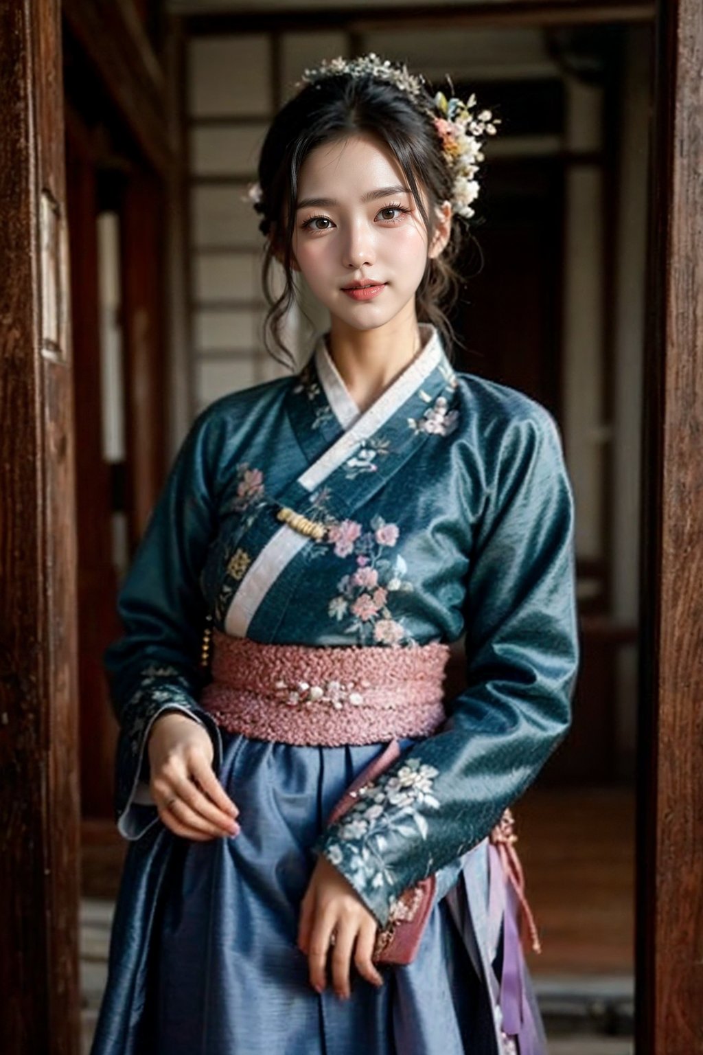 This photo shows a woman wearing traditional Korean clothing. The art style is vivid and realistic, capturing the rich textures and colors of the clothing. The focus is on the woman, who turns slightly towards the camera and smiles softly. Her hanbok consists of a beautifully embroidered blue top and a pink skirt. She wore a traditional hair accessory on her neatly styled hair. The background shows detailed traditional Korean architecture, including wooden columns and ornately painted ceilings. The overall composition emphasizes cultural heritage and elegance.