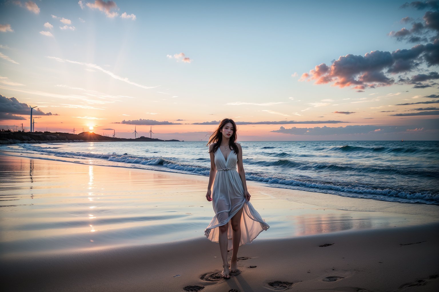 A beautiful sunset scene, Lucky is smiling happily, wearing a flowing summer dress with white lace details, standing barefoot on a quiet beach at sunset, her reflection reflected in the wet sand. There are wind turbines in the background and the sky is tinted in rich pinks, oranges and blues, with scattered clouds adding depth to the scene. The golden light casts a soft, warm glow. Wide-angle lenses capture the vastness of the scenery, shot using high-end photography equipment.