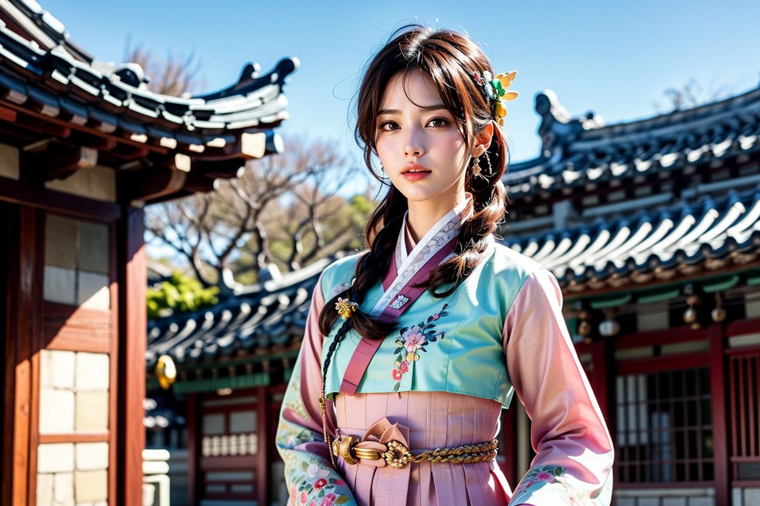 Shot at a wide angle, this photo shows a woman wearing traditional Korean clothing. The art style is vivid and realistic, capturing the rich textures and colors of the clothing. The focus is on the woman, (((smile))) who turns slightly towards the camera and smiles softly. ((Her hanbok consists of a delicately embroidered light green top and a pink skirt)). Combing (((Korean traditional hairstyle and hair accessories))). Outdoors, the background showcases detailed traditional Korean architecture. ancient city. The overall composition emphasizes cultural heritage and elegance.
