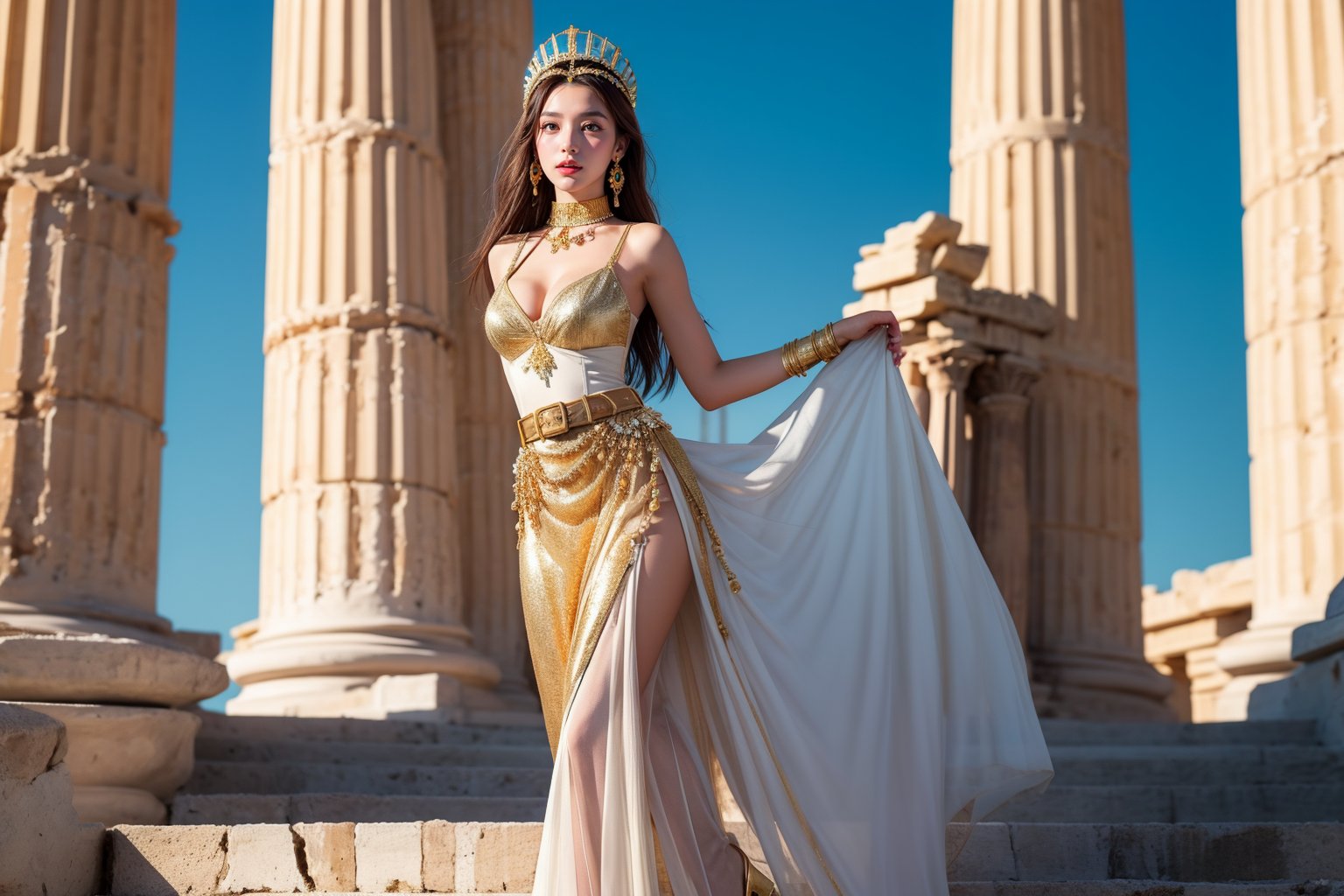 Panoramic shot of the ruins of a magnificent ancient city in Greece. This image shows a girl dressed in a Greek style. The art style is realism. The composition is a full-length portrait, full body shot, with the woman facing forward. She wears a long white dress with gold and turquoise details including a gold collar, cleavage, medium breasts, a belt and a headdress decorated with beads. Gold high heels. The main character has long brown hair and a serious expression. The background is pure white, highlighting the details of the garment. Her accessories and makeup alluded to ancient Greek fashion, combining historical references with modern touches. The proportion of the girl in the picture is smaller, but the details should still be paid attention to.