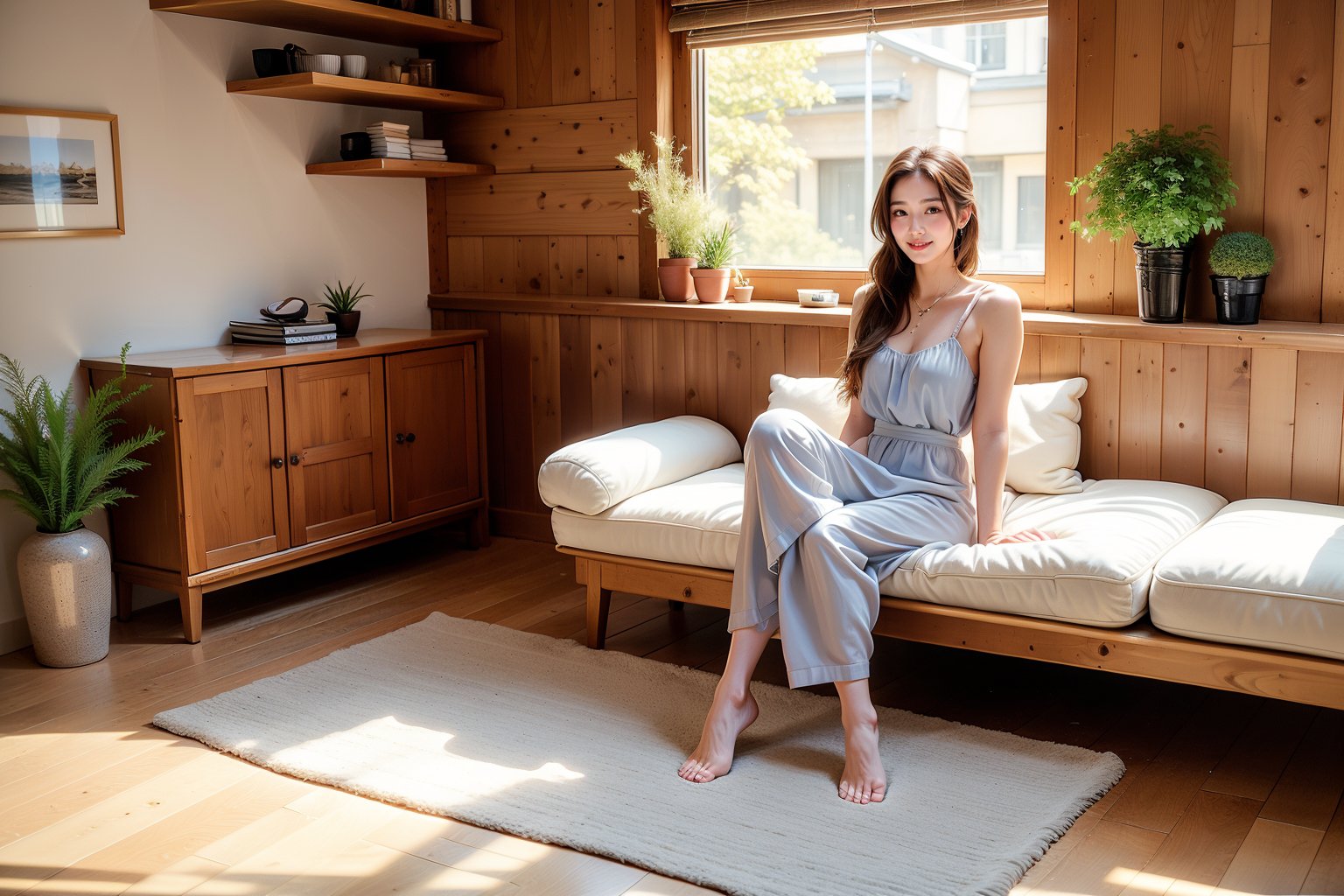 Panoramic shooting, super wide angle.  Depiction of a cozy, Nordic style small home interior.  The overall color tone is mainly white and light blue.  The home includes a small open kitchen with white cabinets, a compact oven and a small sink.  There are two seating areas with cushioned benches and headrests.  A staircase with built-in storage leads to a loft bed area.  The backdrop includes wood wainscot walls, round windows and high ceilings with recessed lighting.  Other details include a circular woven rug on the wooden floor and various decorative items such as vases and wall art, creating a cozy, homely feel.  (A girl with long brown hair tied into a ponytail, smiling, wearing loose home casual clothes), (sitting comfortably on the sofa, looking at the camera); plenty of natural light, warm and pleasant atmosphere.  Indoor plants add greenery, and indoor and outdoor elements are harmoniously blended in a realistic style.  Bright daylight, stylish and comfortable interior.  The theme of the composition is a modern loft, and the characters are supporting characters.