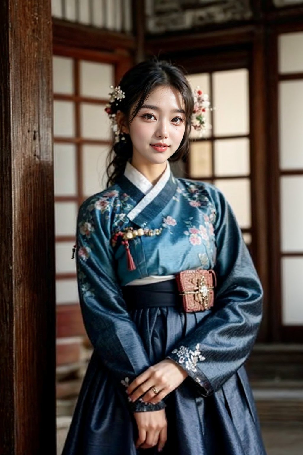 This photo shows a woman wearing traditional Korean clothing. The art style is vivid and realistic, capturing the rich textures and colors of the clothing. The focus is on the woman, who turns slightly towards the camera and smiles softly. Her hanbok consists of a beautifully embroidered blue top and a pink skirt. She wore a traditional hair accessory on her neatly styled hair. The background shows detailed traditional Korean architecture, including wooden columns and ornately painted ceilings. The overall composition emphasizes cultural heritage and elegance.