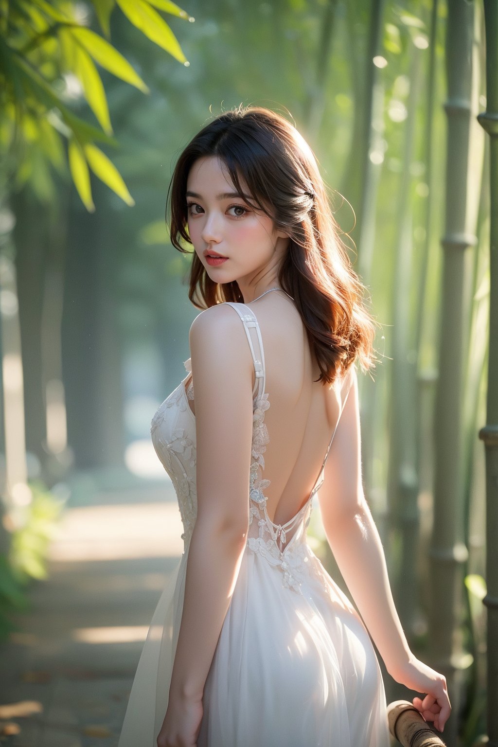 This photo, likely taken by a contemporary artist, shows a woman wearing an exquisite backless white tulle dress.  The composition is very balanced. Shot from an elevated angle, the woman's position is slightly off-center.  She gazes back with a smile, bathed in natural light filtering through a tunnel of towering, dense bamboo groves.  The background is a dense bamboo forest, creating a tranquil and mysterious atmosphere.  Sunlight passes through the leaves, casting dreamlike beams of light that highlight the quiet atmosphere and the texture of the plants.  The overall scene evokes a sense of calm and connection with nature.