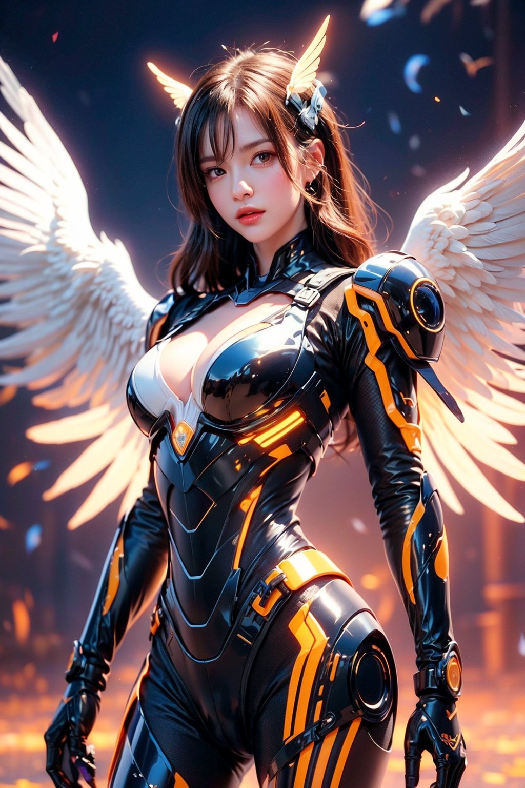 The artwork is a photorealistic digital illustration possibly by a contemporary artist. The composition features a female cyborg in a detailed white and gold exoskeleton suit with visible mechanical parts. The subject stands gracefully amidst a dynamic space background, highlighted by metallic halo-like structures, and surrounded by white doves in mid-flight, symbolizing peace and purity. The cyborg’s skin is seamlessly integrated with the mechanical components, creating a striking blend of human and machine. The detailing of the cyborg's intricate mechanical parts contrasts with the softness of the doves, set against a dark, starry backdrop dotted with planets, imparting a futuristic yet harmonious ambiance.