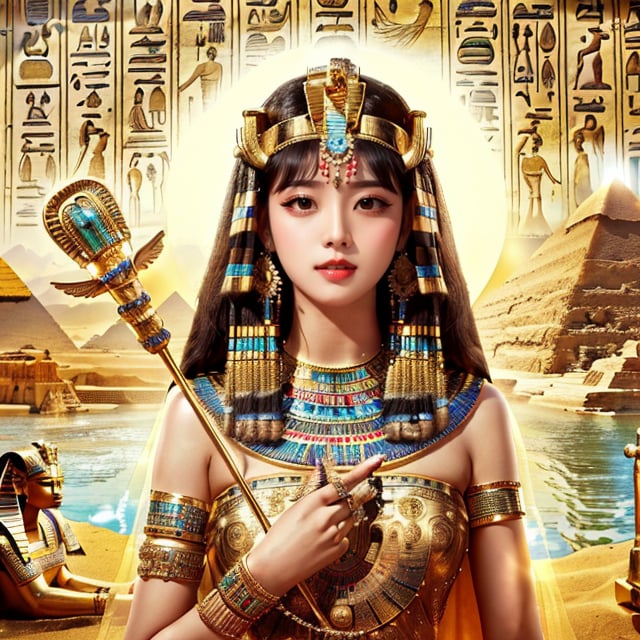 The composition features a central female figure, shot from half-length, who is depicted as an Egyptian queen or goddess. (((black eye shadow))), heavy makeup. The expression is solemn. She wears ornate and colorful jewelry and headdresses and holds a scepter. ((Background panoramic shot including elements of ancient Egypt, vast squares, pyramids, sphinx and hieroglyphics)). The background is illuminated by sunlight, giving the scene a golden glow and evoking a feeling of sanctity and grandeur. There is also a tranquil river surrounding it, adding to the royal ambience. The image takes on a golden hue.
