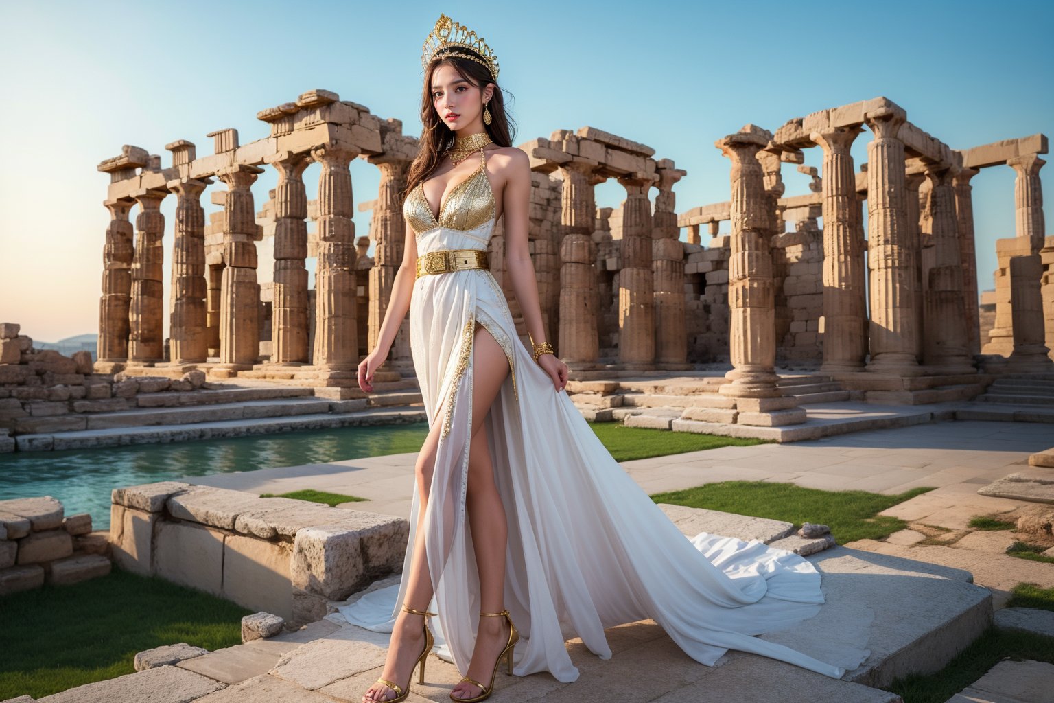 Panoramic shot of the ruins of a magnificent ancient city in Greece. This image shows a girl dressed in a Greek style. The art style is realism. The composition is a full-length portrait, full body shot, with the woman facing forward. She wears a long white dress with gold and turquoise details including a gold collar, cleavage, medium breasts, a belt and a headdress decorated with beads. Gold high heels. The main character has long brown hair and a serious expression. Her accessories and makeup alluded to ancient Greek fashion, combining historical references with modern touches. The proportion of the girl in the picture is smaller, but the details should still be paid attention to. It was evening, and the sunset rays shone on the ancient city and the girl.