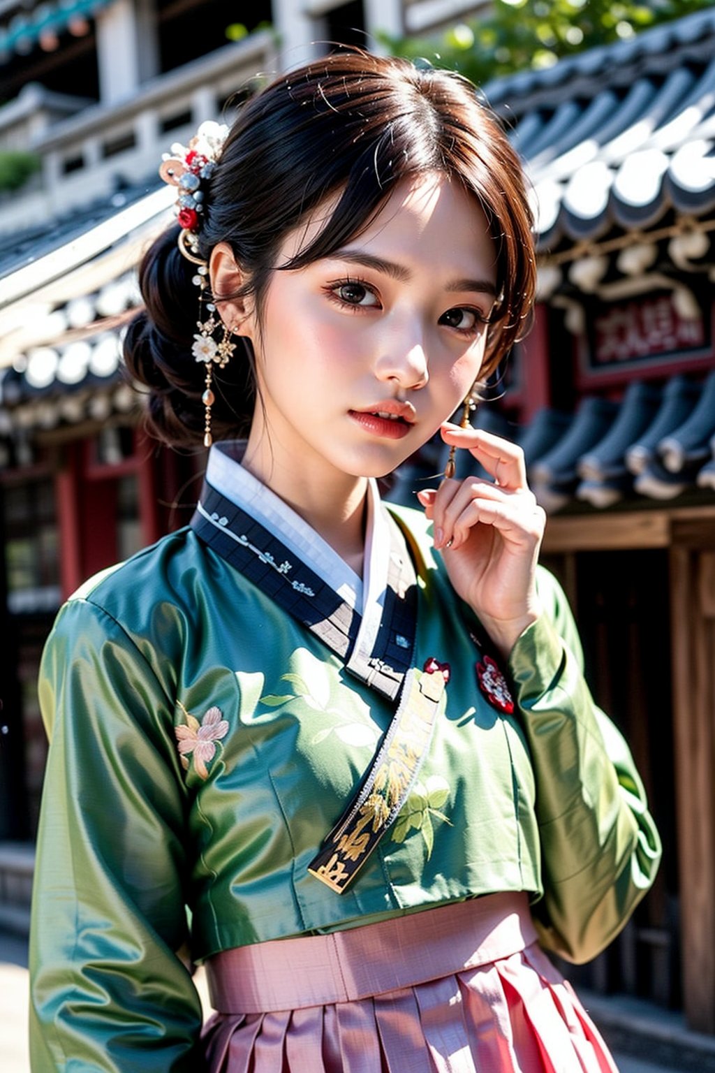 Shot at a wide angle, this photo shows a woman wearing traditional Korean clothing. The art style is vivid and realistic, capturing the rich textures and colors of the clothing. The focus is on the woman, ((close-up)), (((smile))) She turns slightly towards the camera and smiles softly. ((Her hanbok consists of a delicately embroidered light green top and a pink skirt)). Wearing (((traditional Korean hairstyle and hair accessories))) (((Gache))). Outdoors, the background showcases detailed traditional Korean architecture. ancient city. The overall composition emphasizes cultural heritage and elegance.