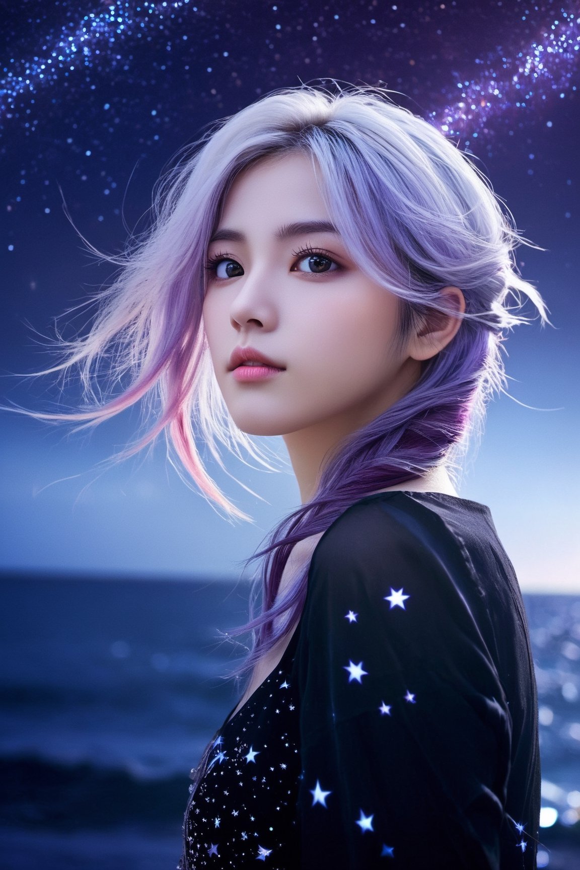 masterpiece, best quality, illustration, stars in the eyes,dishevelled hair,Starry sky adorns hair,1 girl,sparkling anime eyes,beautiful detailed eyes, beautiful detailed stars,blighting stars,emerging dark purple across with white hair,multicolored hair,beautiful detailed eyes,beautiful detailed sky, beautiful detailed water, cinematic lighting, dramatic angle,