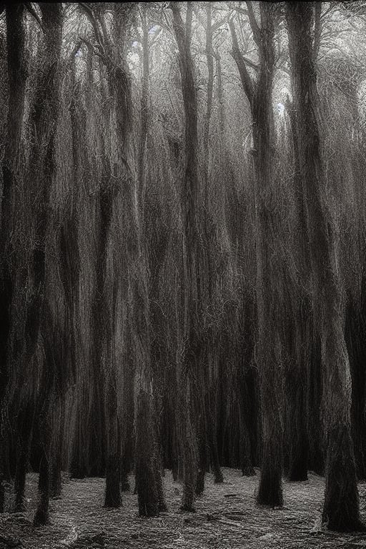 Cypress forest in strong winds,at night,black sky,wild,monotone,nostalgic