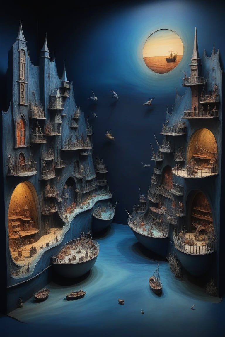 3D diorama model of Bosch's strange deep sea hell,water colours,(ink lines:1.3),at noon,dark blue sky,thick shadows,(in the style of Hieronymus Bosch:1.2),chic colours,nostalgic,loneliness,old fashioned,photorealistic,realism