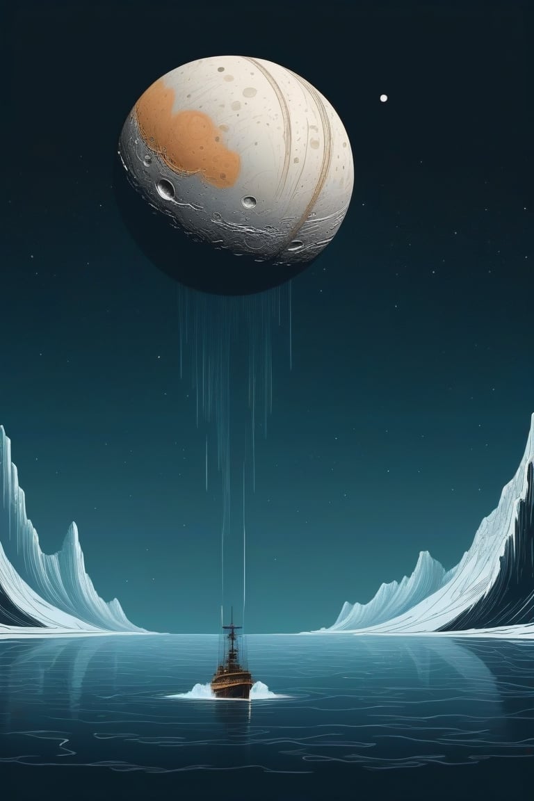 A spacecraft sails through the ocean beneath the ice of Jupiter's moon Enceladus,(in the combined style of Mœbius and pulp fiction illustration),(minimal vector:1.1),fantasy,nostalgic,loneliness,old fashioned