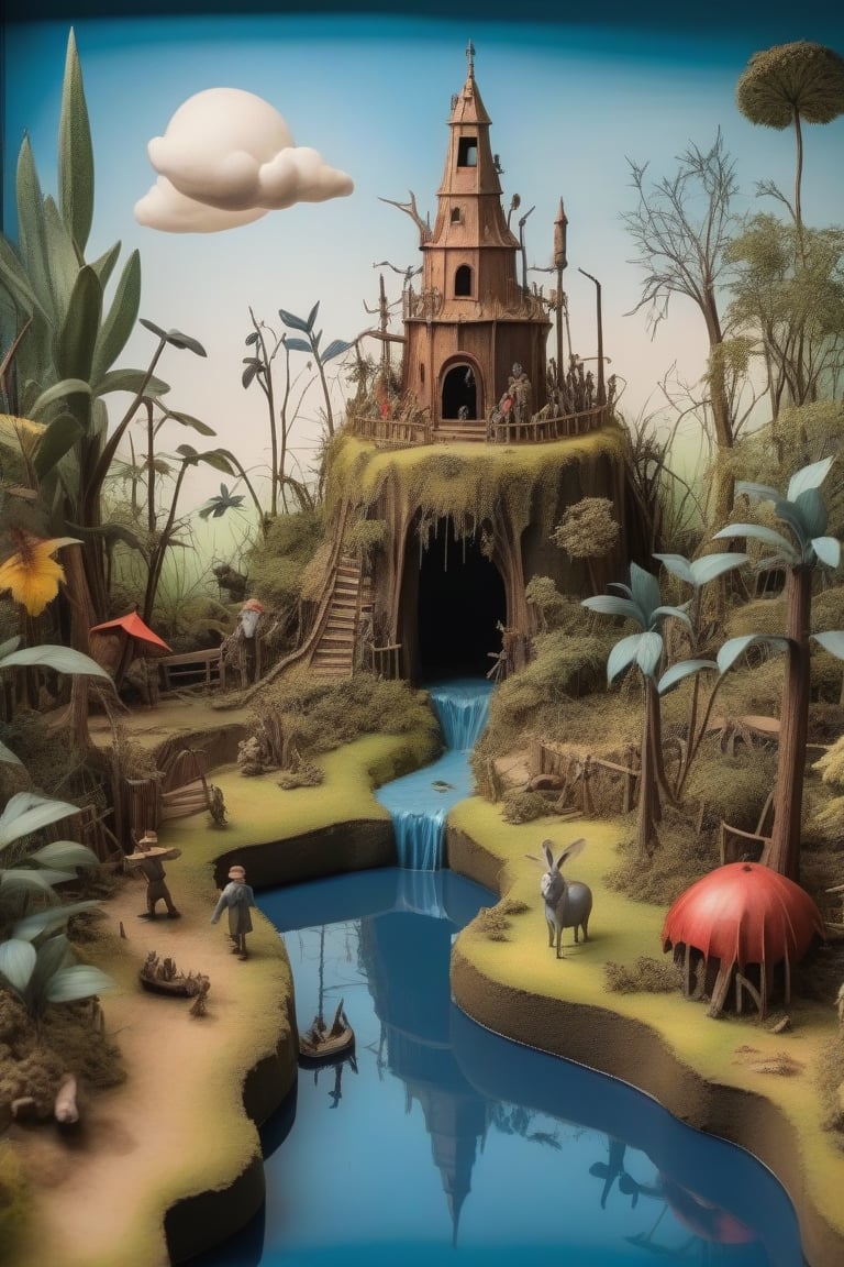 3D diorama model of Bosch's strange jungle hell,water colours,(ink lines:1.3),at noon,blue sky,thick shadows,(in the style of Hieronymus Bosch:1.2),chic colours,nostalgic,loneliness,old fashioned,photorealistic,realism