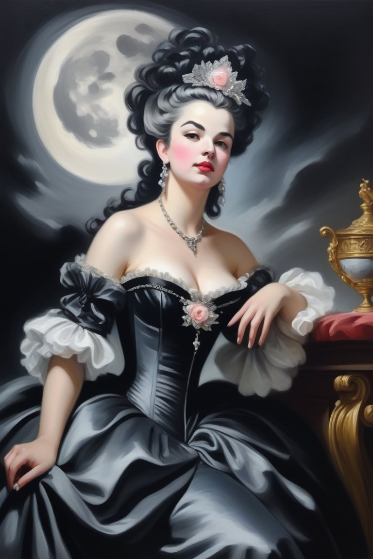 oil painting on canvas,arrogant Queen of the Night in black on the opera stage,(in the style of François Boucher:1.2),white background,chic colours,nostalgic,loneliness,old fashioned