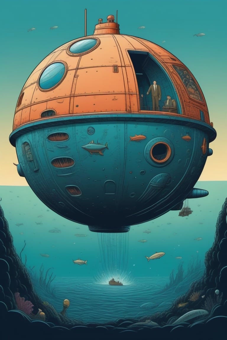 A spherical submarine navigates a Precambrian sea filled with strange creatures,(in the combined style of Mœbius and pulp fiction illustration),(minimal vector:1.1),fantasy,nostalgic,loneliness,old fashioned